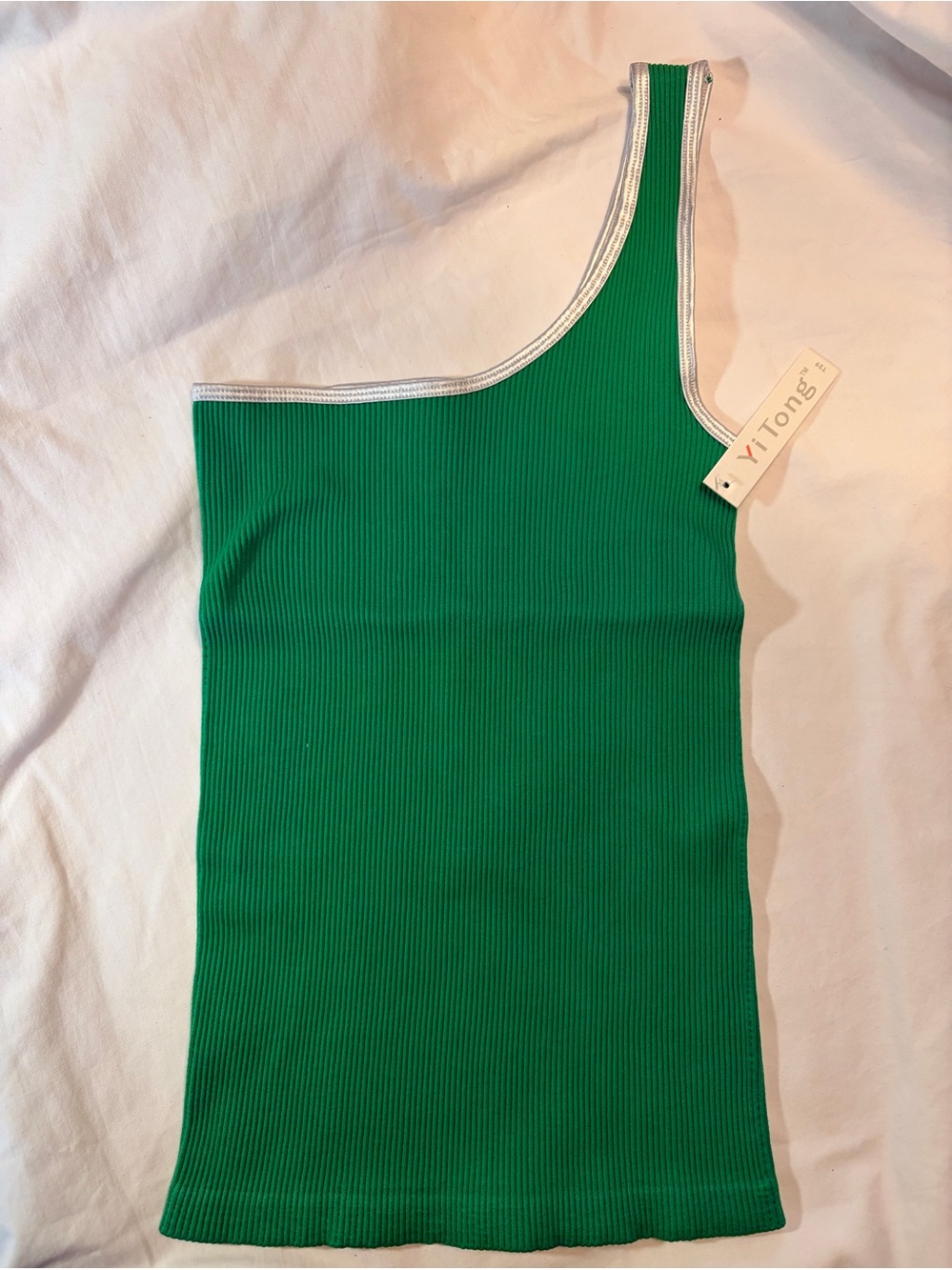 Green One-Shoulder Ribbed Tank with Silver Trim